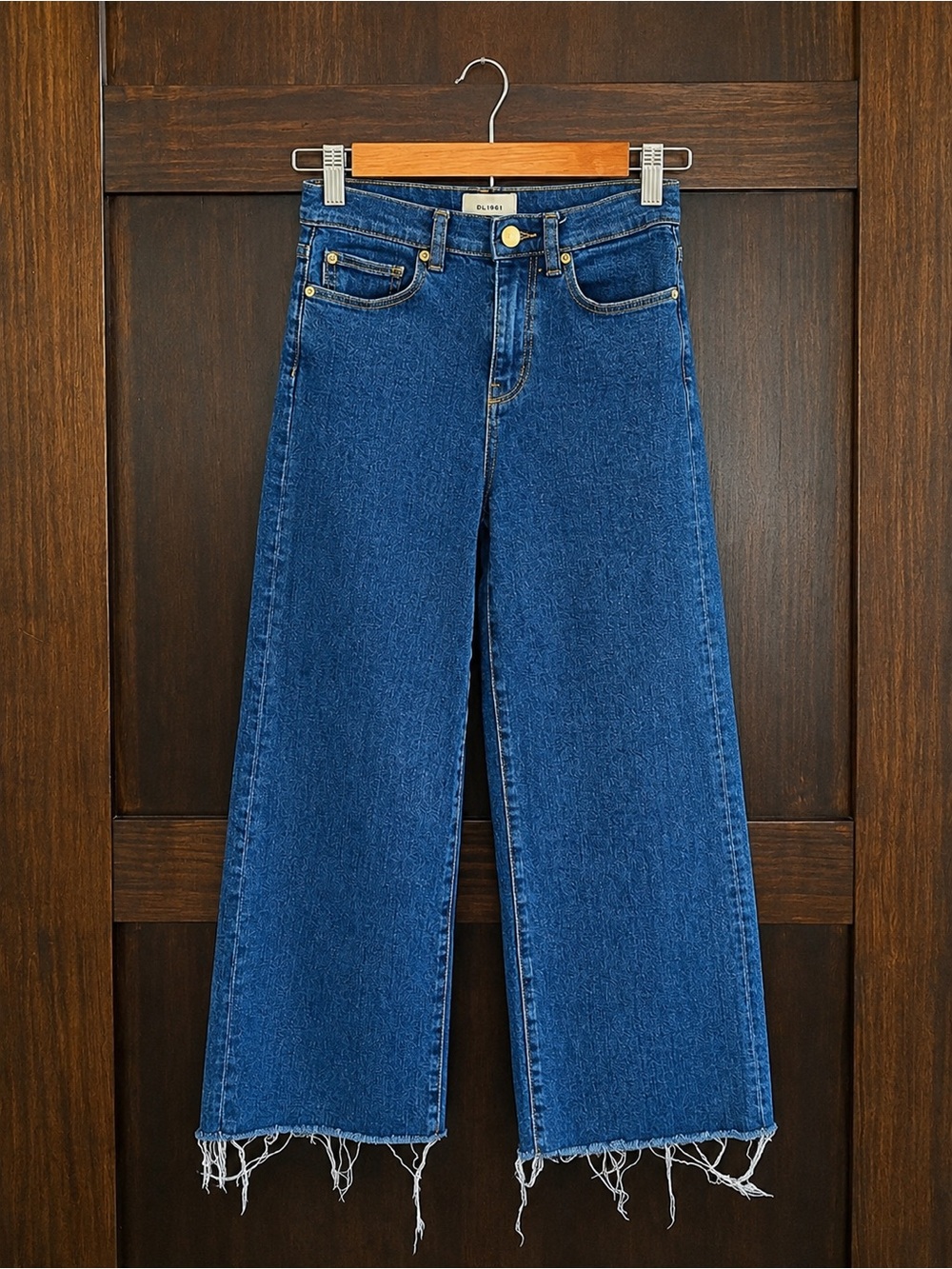 DL1961 Wide-Leg Raw Hem Jeans in Blue Adjustable Waist